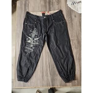 Ed Hardy Jeans Mens 42x34 Blue White Script Logo Print Embroidered Rear Pockets